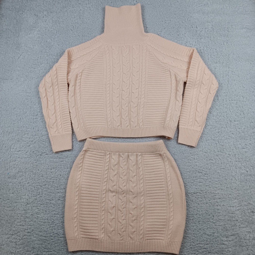 Lulus Sweater Set L Peach Cable Knit Turtleneck Cropped Top Mini Skirt 2-Piece